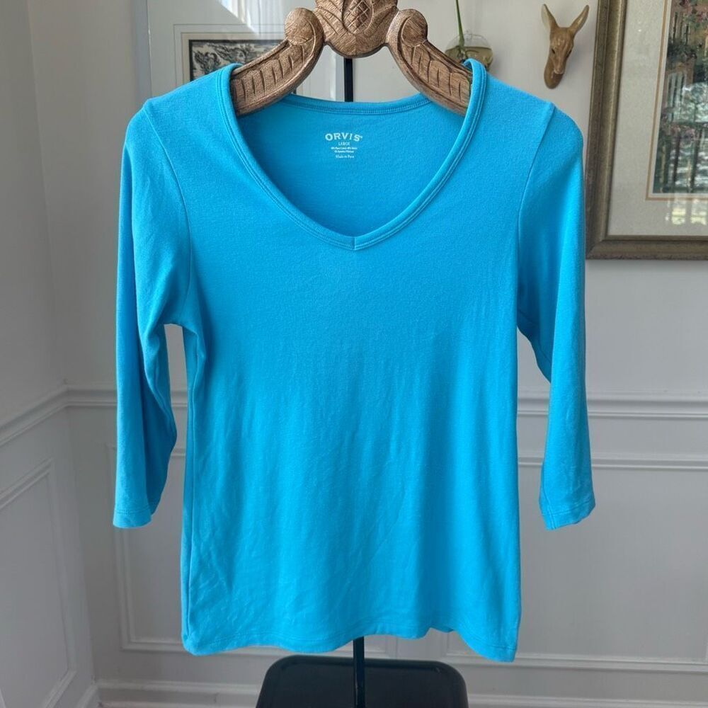 Orvis Vneck 3/4 Length Sleeve Turquoise Blue Tshirt L